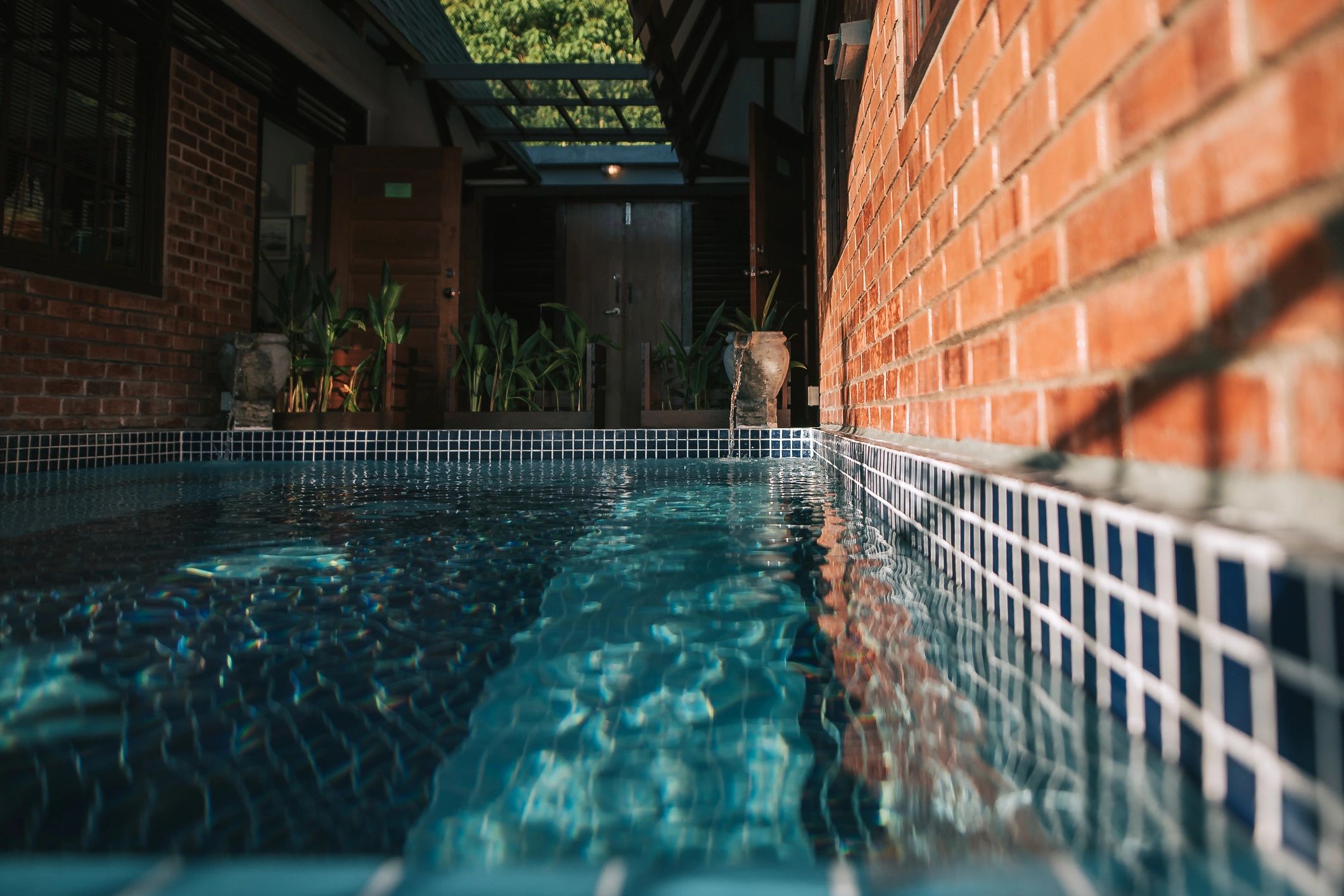 Clean modern backyard pool at sunrise