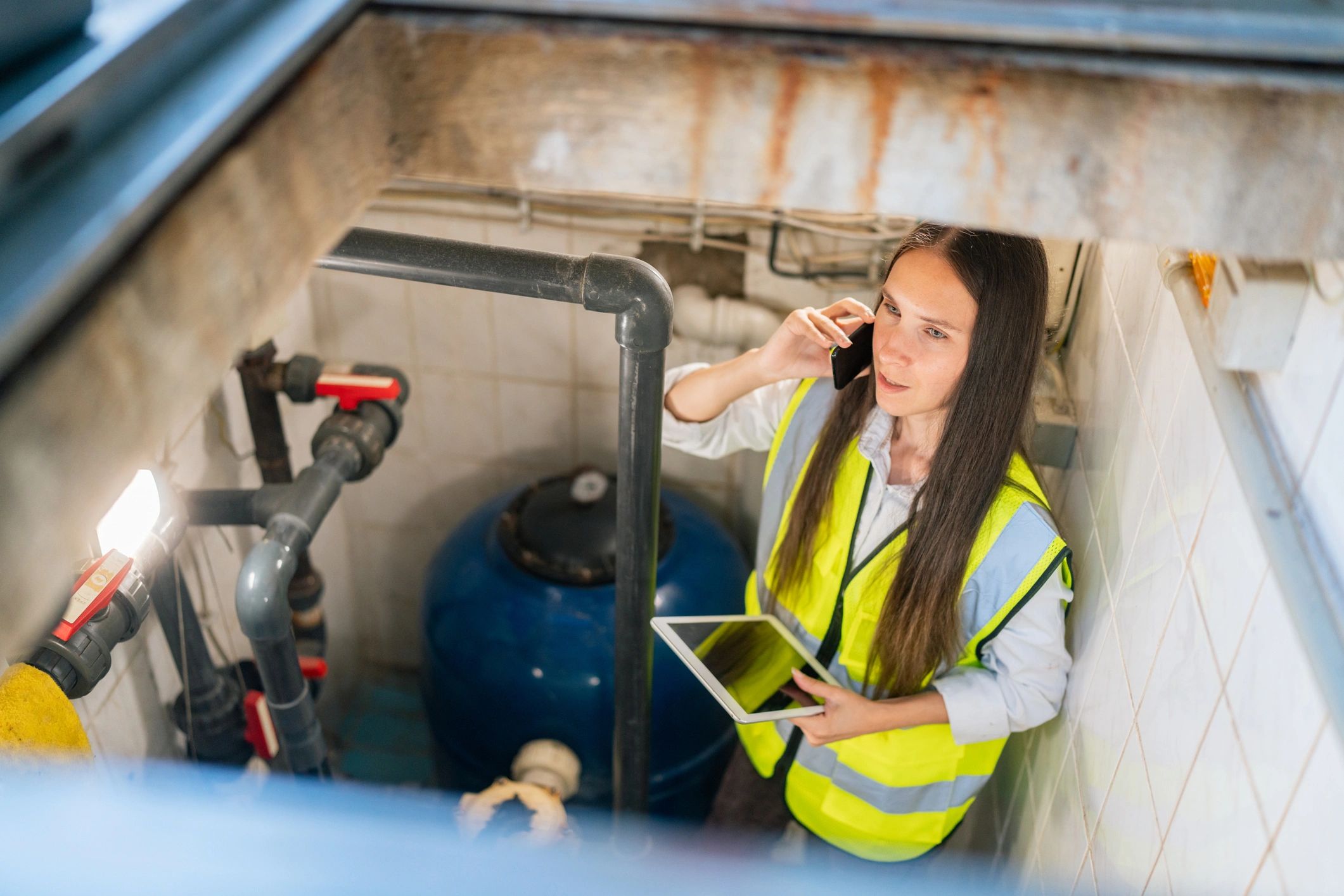 Pool service technician working on pool equipment